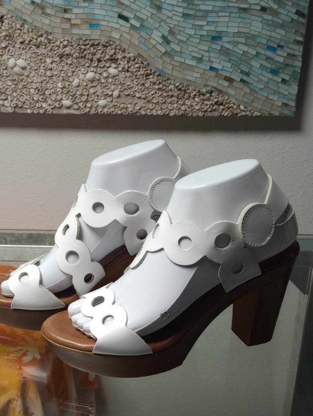 Eric Michael White Scalloped Cutout Leather Block Heels